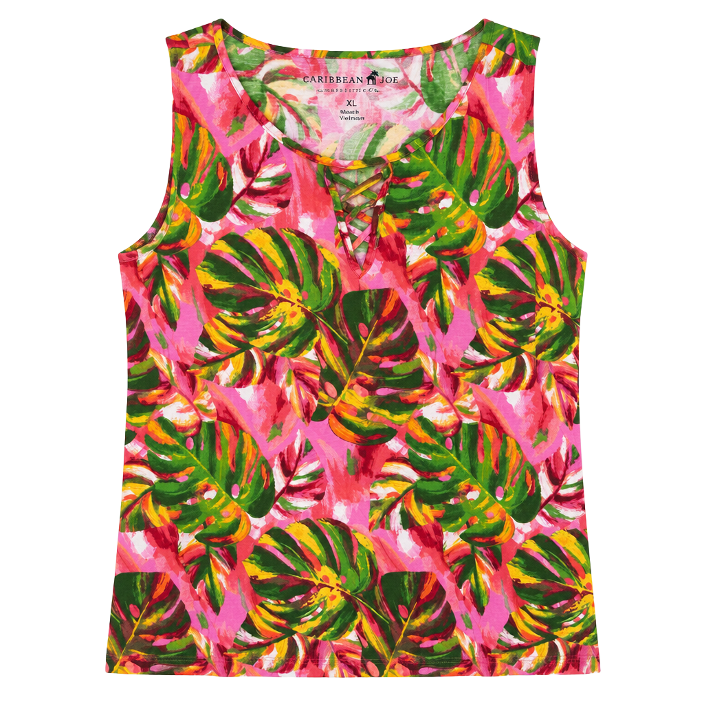 Caribbean Joe Tank Top XL Pink Green Tropical Monstera Leaf Lattice 1