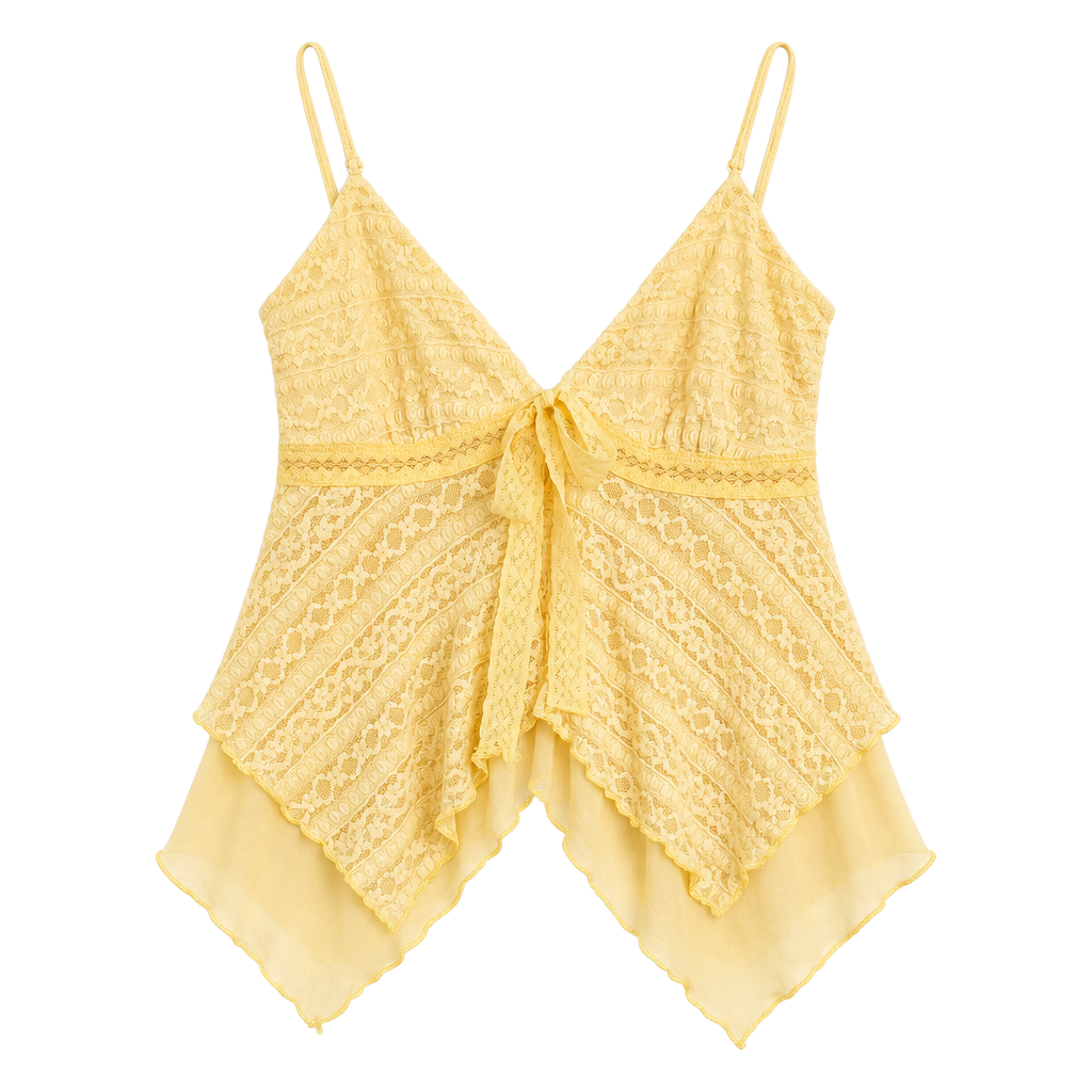 Heart + Hips Yellow Lace Asymmetric Tiered Ruffle Camisole Top Size L 1