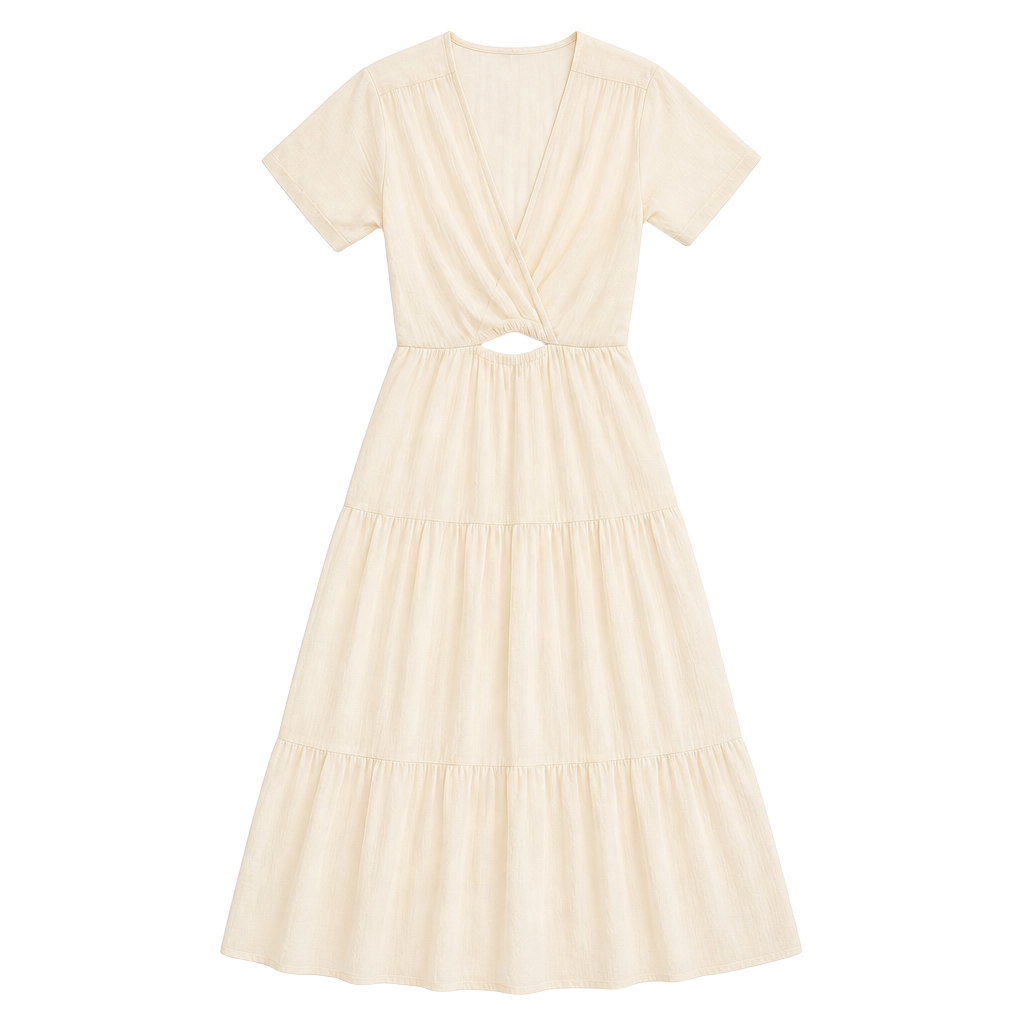 New Moon River Size Small V-Neck Cutout Tiered MIdi Womens Dress Cream 1