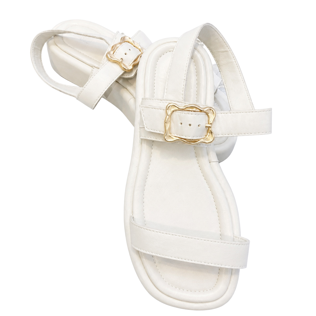White Ankle Strap Platform Sandals with Gold Buckle 1