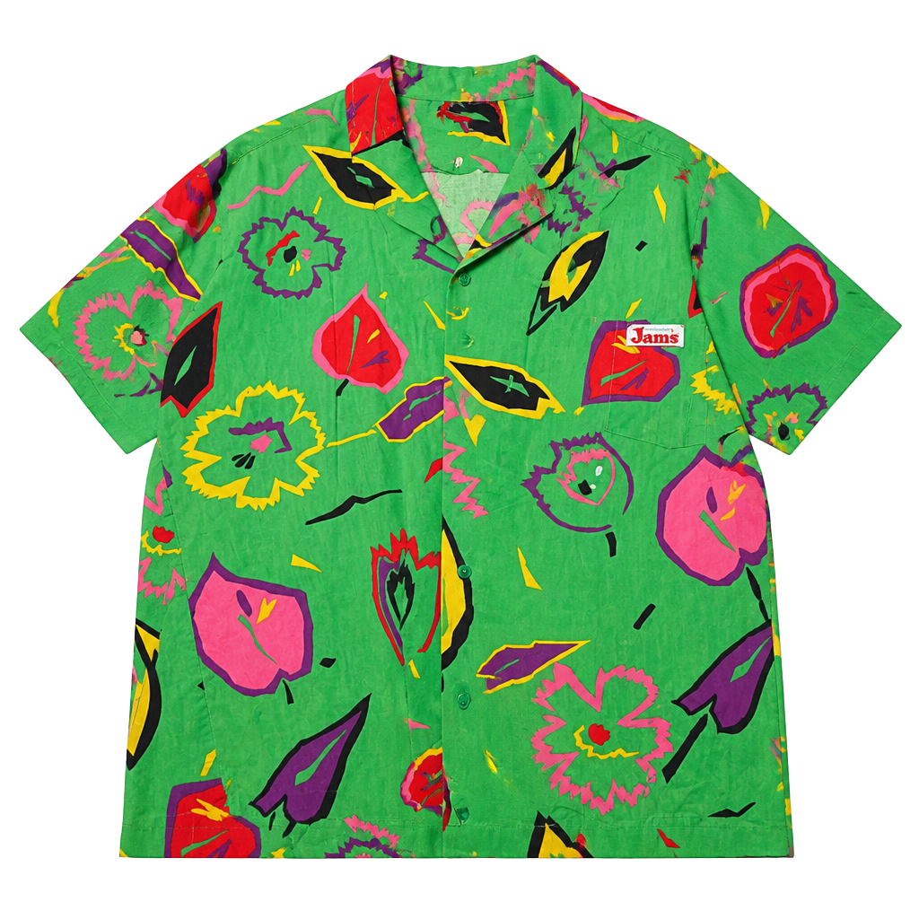 Original Jams by Surf Line Hawaii Vintage Green Abstract Floral Print Short Sleeve Button-Down Shirt **MISSING TWO GREEN BUTTONS!** 1