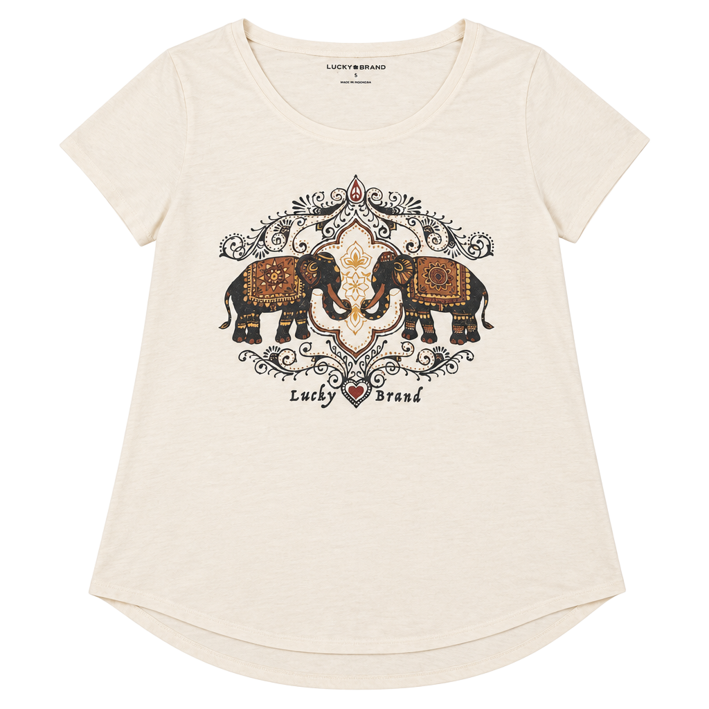 Lucky Brand Elephant Graphic Tee Size L Cream Short Sleeve Boho Shirt 1