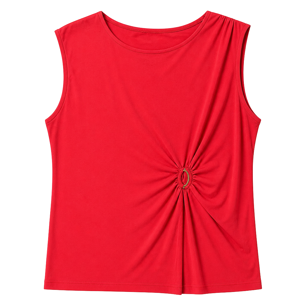 Ivanka Trump Red Sleeveless Ruched Side Twist Blouse with Gold Ring Detail 1