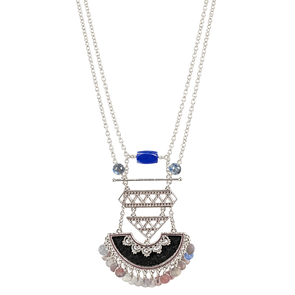 Vintage Silver Tone Mecca Key Amulet Necklace with Blue Glass Cabochons 1