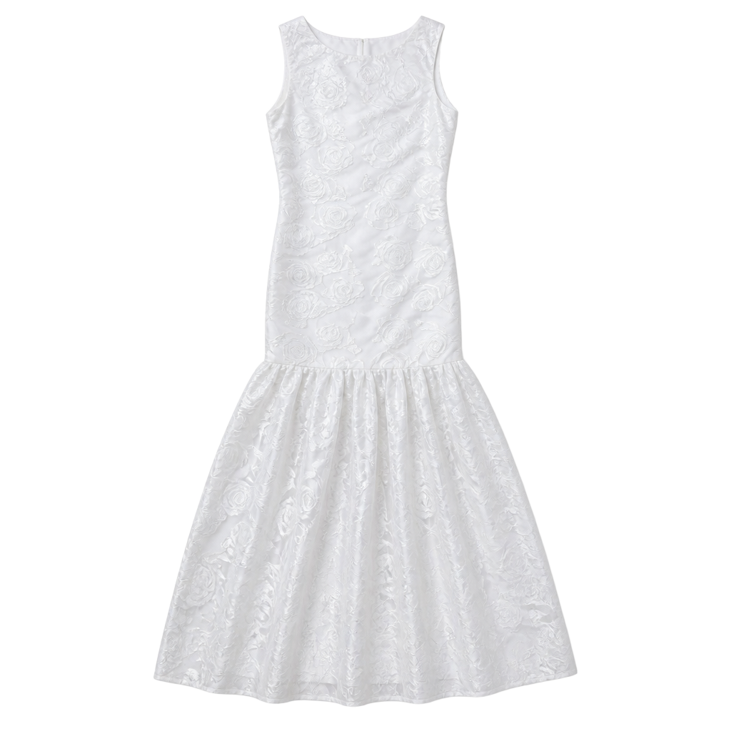 Vintage 1980s White Rose Floral Embroidered Strapless Tiered Lace Maxi Dress 1