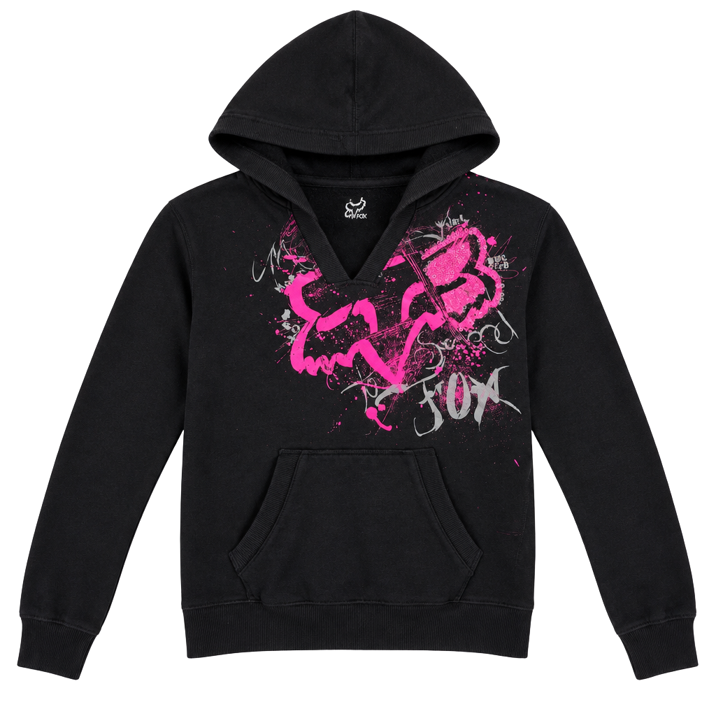 Fox Racing V-Neck Hoodie Black Pink Y2K Graphic Pullover 1