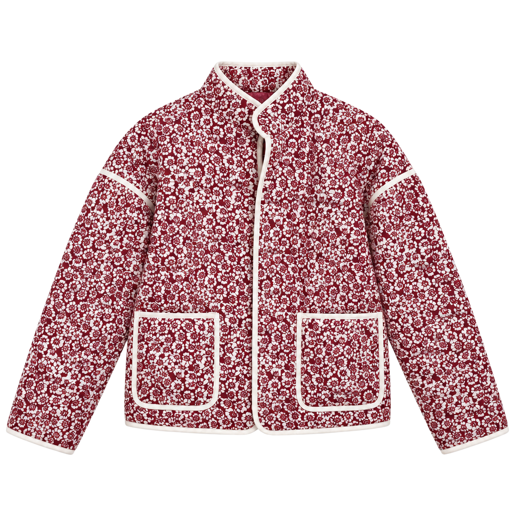Tankaneo Floral Quilted Jacket Size M Red White Puffer Coat Pockets 1
