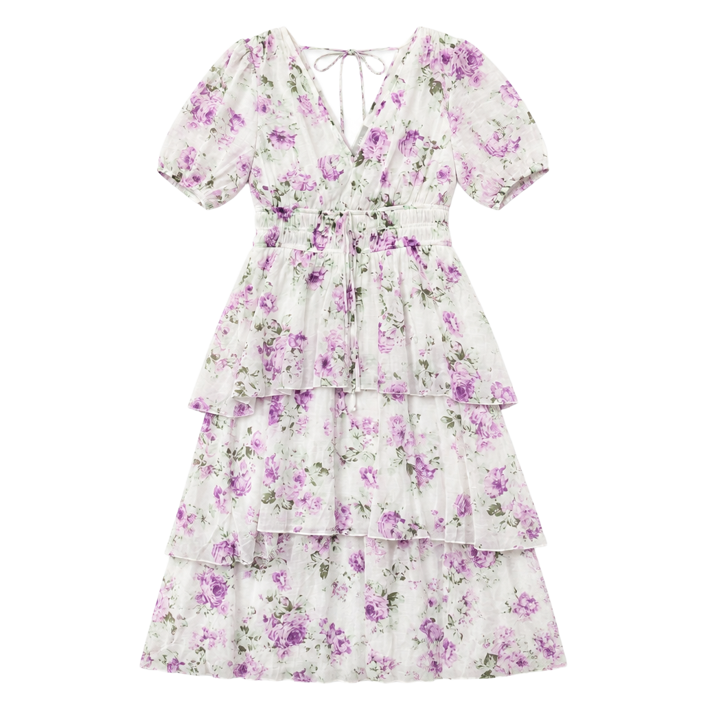 JIGEE Floral Dress PM White Purple Tiered Maxi Puff Sleeve 1