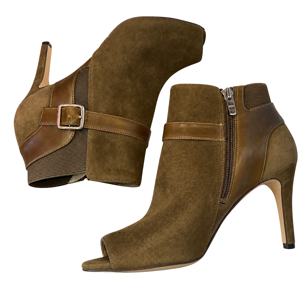 Min Box Marc Fisher Shimmee Bootie Size 8M Dark(Olive) Green Suede Peep Toe Heel 1