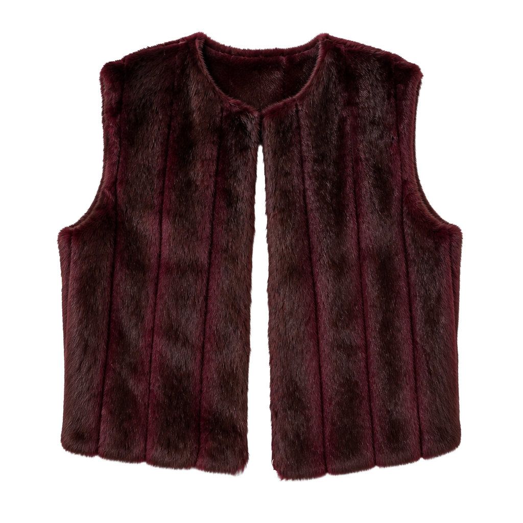 Faux Fur Vest Size M Burgundy Open Front Sleeveless Jacket 1