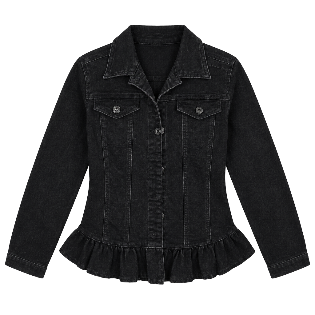 DG2 by Diane Gilman Black Denim Jacket Peplum Ruffle Hem medium 1