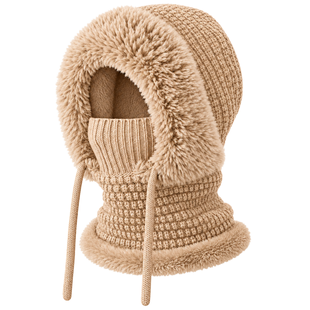 3-in-1 Winter Balaclava Knitted Hood Scarf Hat Khaki 1