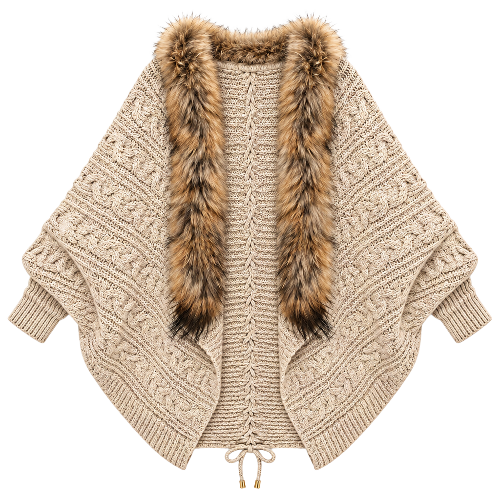Unbranded Cable Knit Cardigan With Faux Fur Collar Beige 1