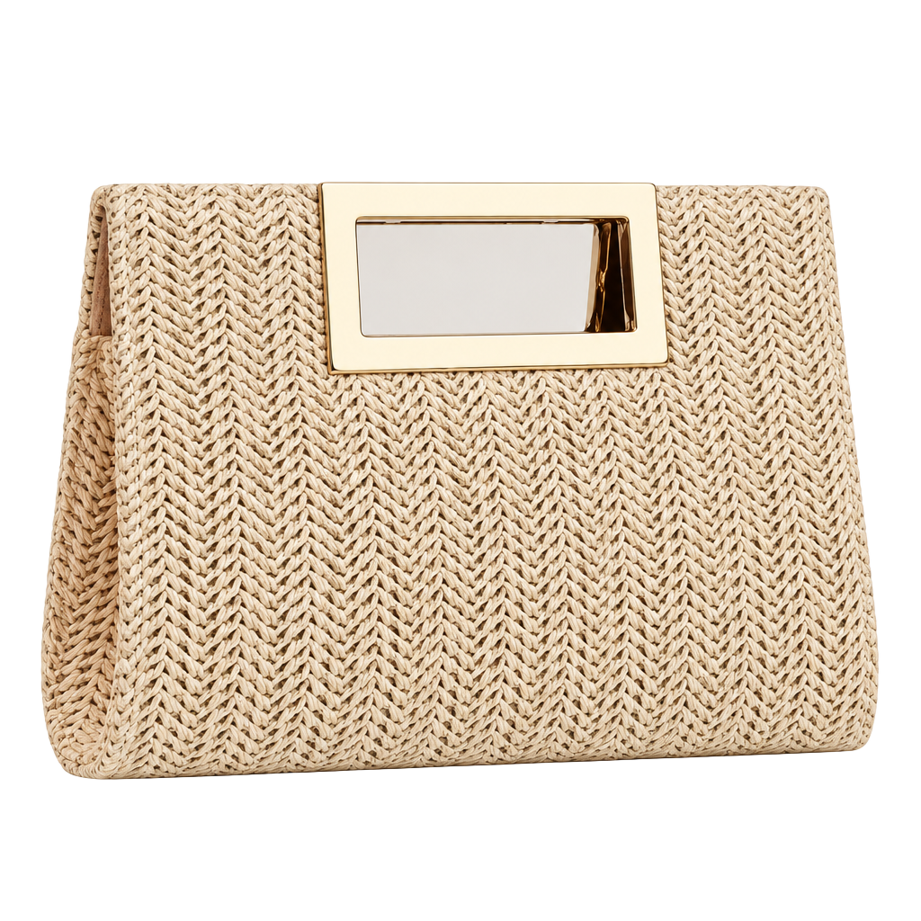 Woven Straw Clutch Bag with Gold Ring Handle Beige 1