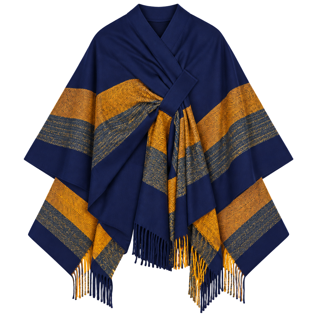 Women Plaid Shawl Wrap Warm Cardigan Poncho Cape Navy Blue 1