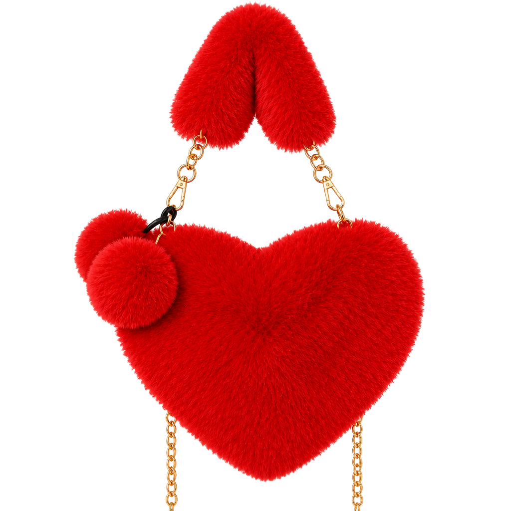 Generic Red Heart Shaped Fluffy Handbag Crossbody With Pom Pom 1