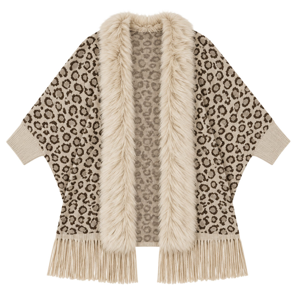 Leopard Print Faux Fur Collar Tassel Cardigan Sweater Coat 1