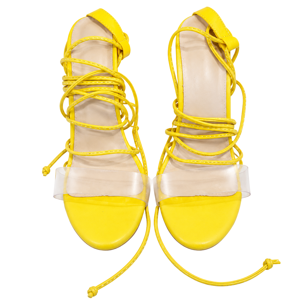 Yellow Lace Up Heels with Clear Strap Size 7 1