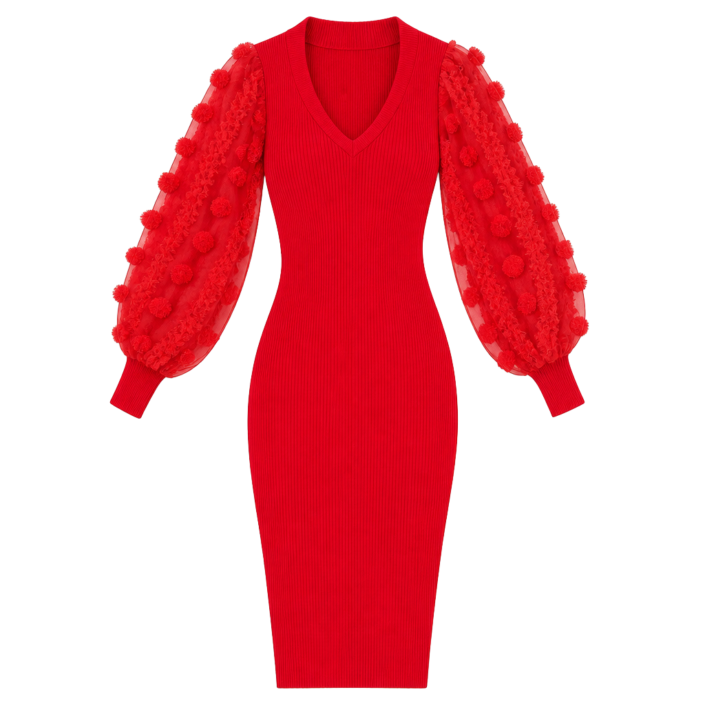 Almost Famous Red Organza Puff Sleeve Ribbed Sweater Midi Dress 1