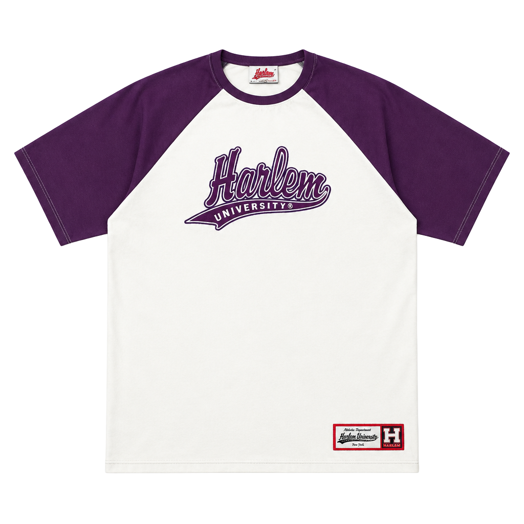 Early 2000s Harlem University T-Shirt Size 2XL White Purple Raglan 1