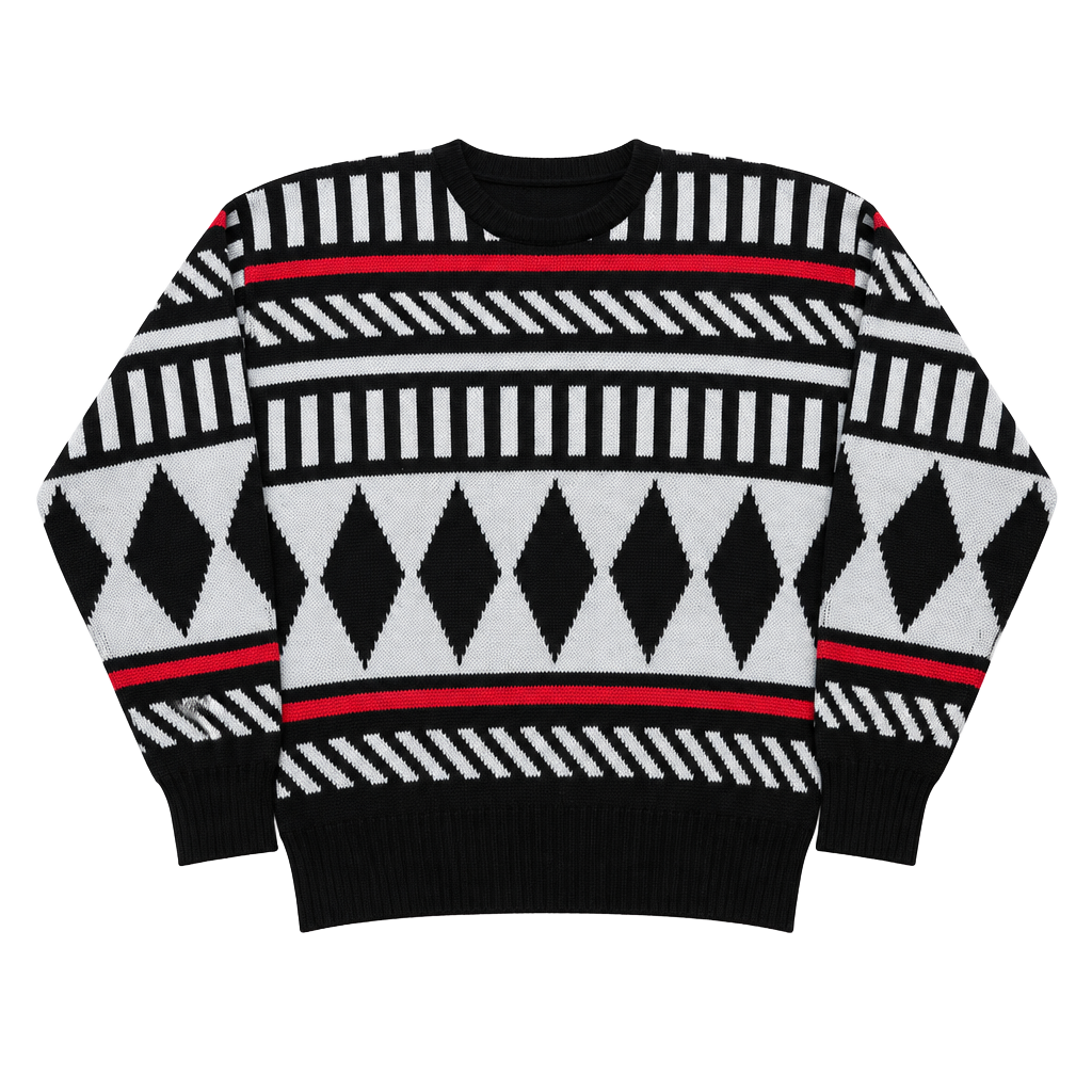 1990s Prima Sweater Size XL Black Red White Patterned Vintage 1