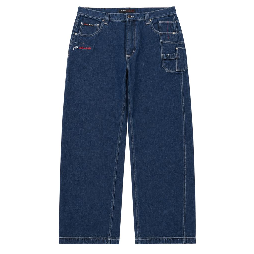 1990s Early 2000s Fubu The Collection Relaxed Jeans 42x34 Dark Wash Cargo Denim Hip Hop Pants 1