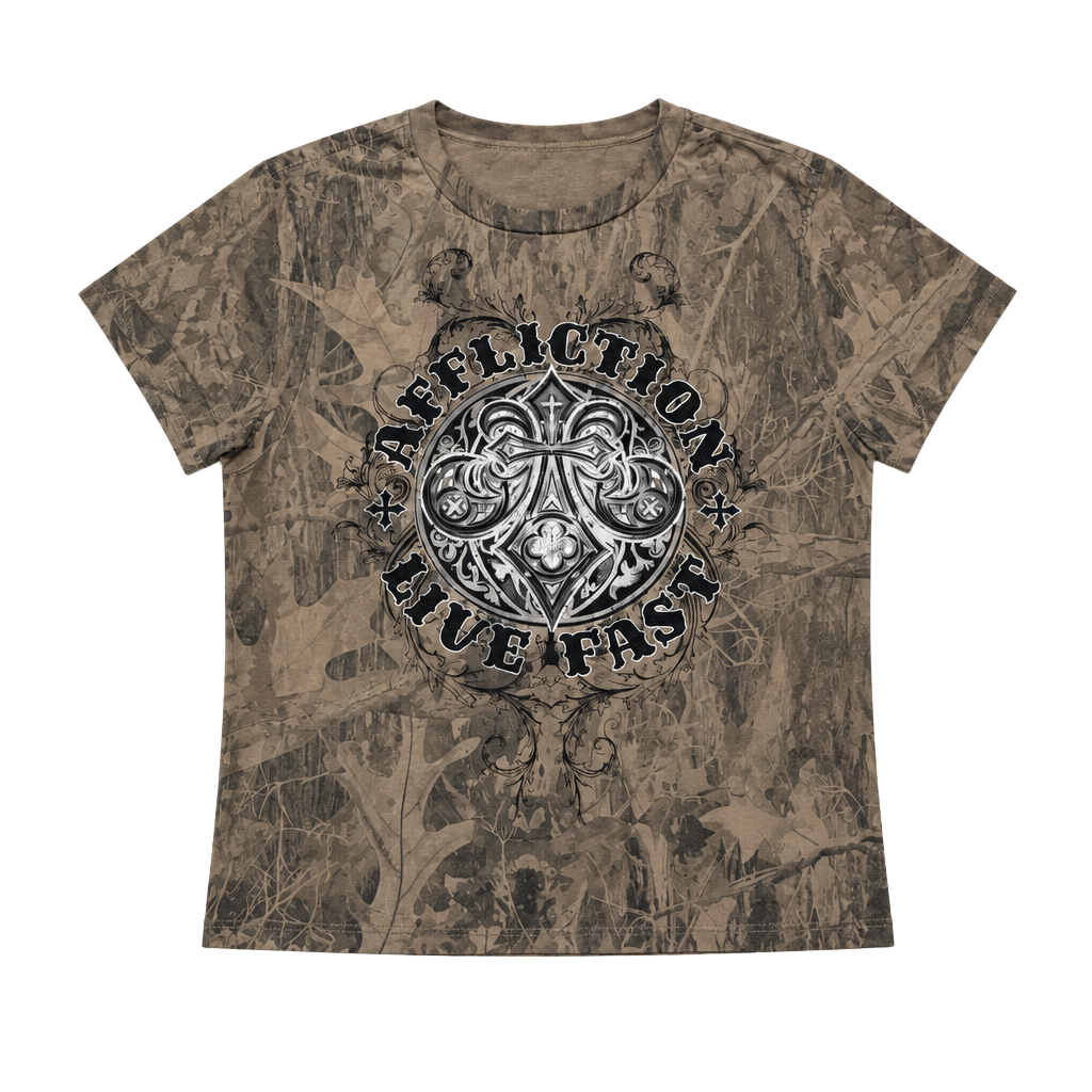 Early 2000s Womens Baby Tee Affliction Ayala Camo Crop T-Shirt X-Large Brown Live Fast Graphic Tee 1