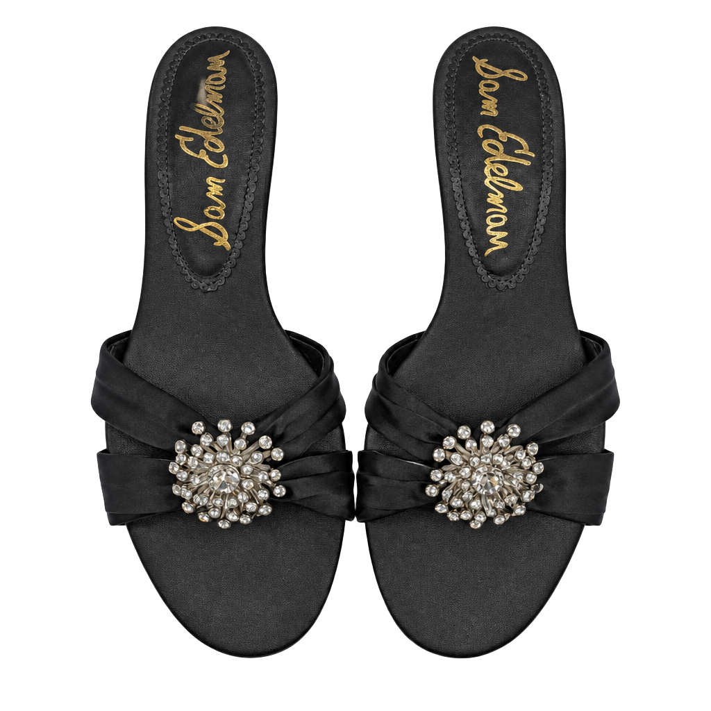 Sam Edelman Cindie Black Satin Rhinestone Brooch Kitten Heel Mules Slide Sandals. Sizes 6.5 & 7W 1