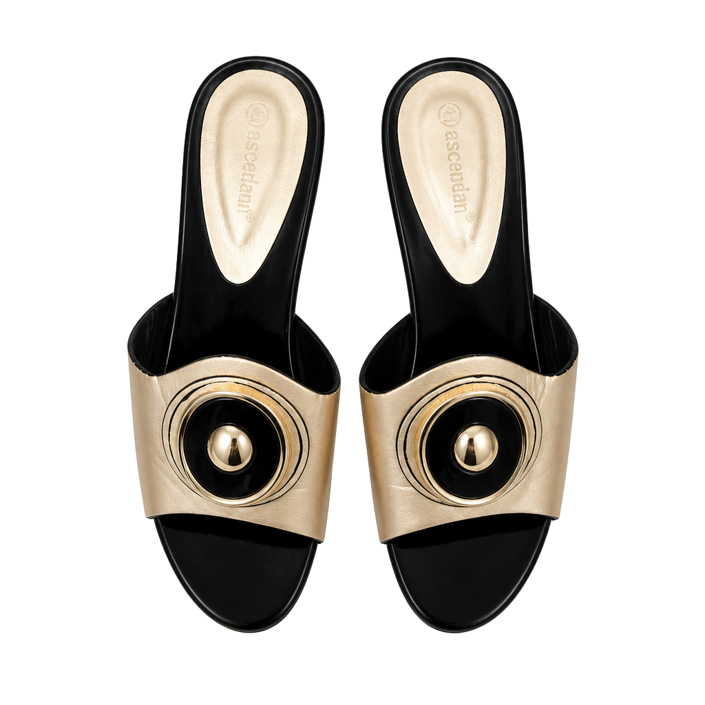 Ascendance Sandals Size 9.5 Gold Black Heel Slides 1