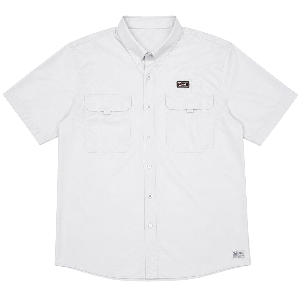 Pelagic Men's Light Blue Short Sleeve Button-Down Fishing Shirt with Dual Chest Pockets 1