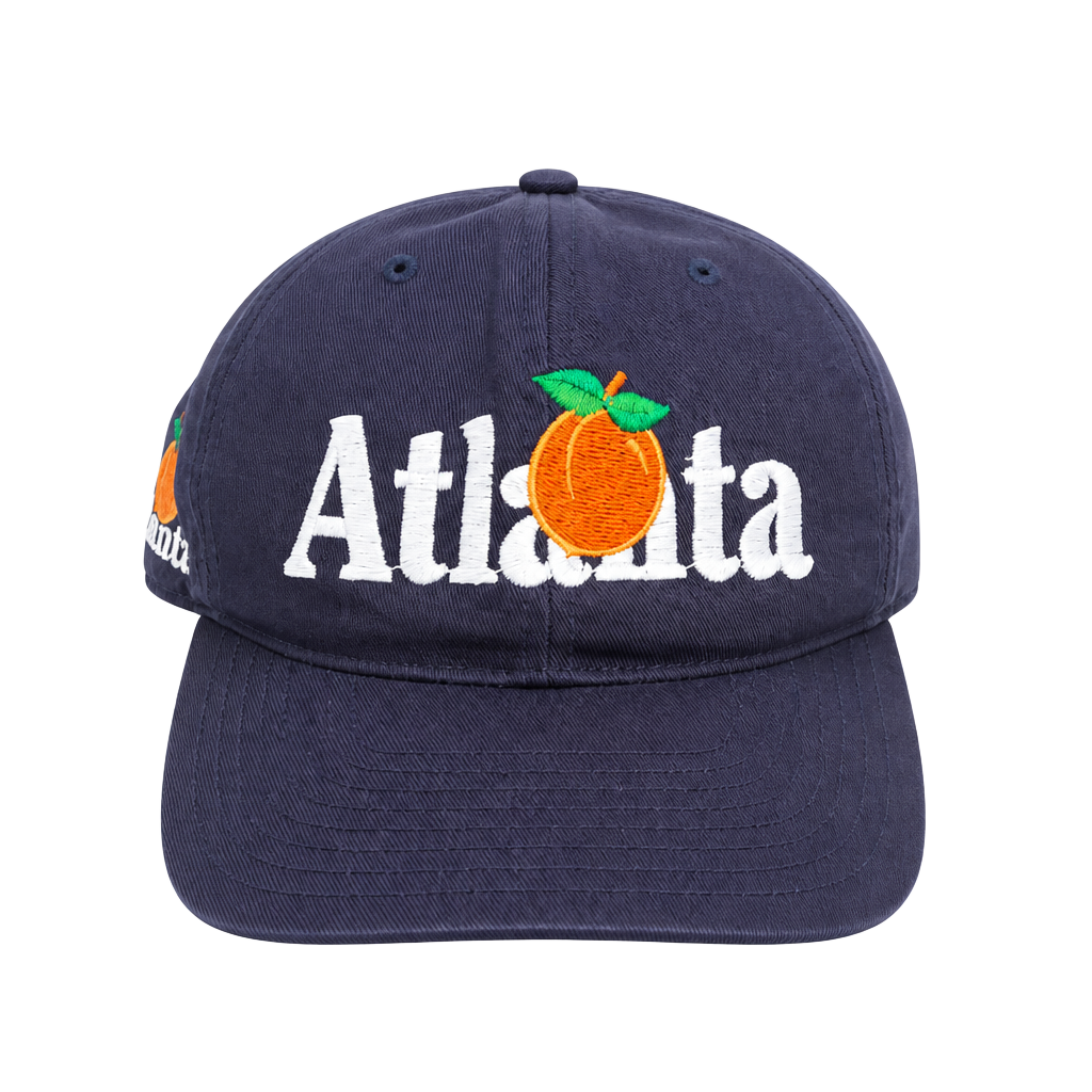 Vintage Atlanta Peach Embroidered Navy Blue Snapback Hat 1