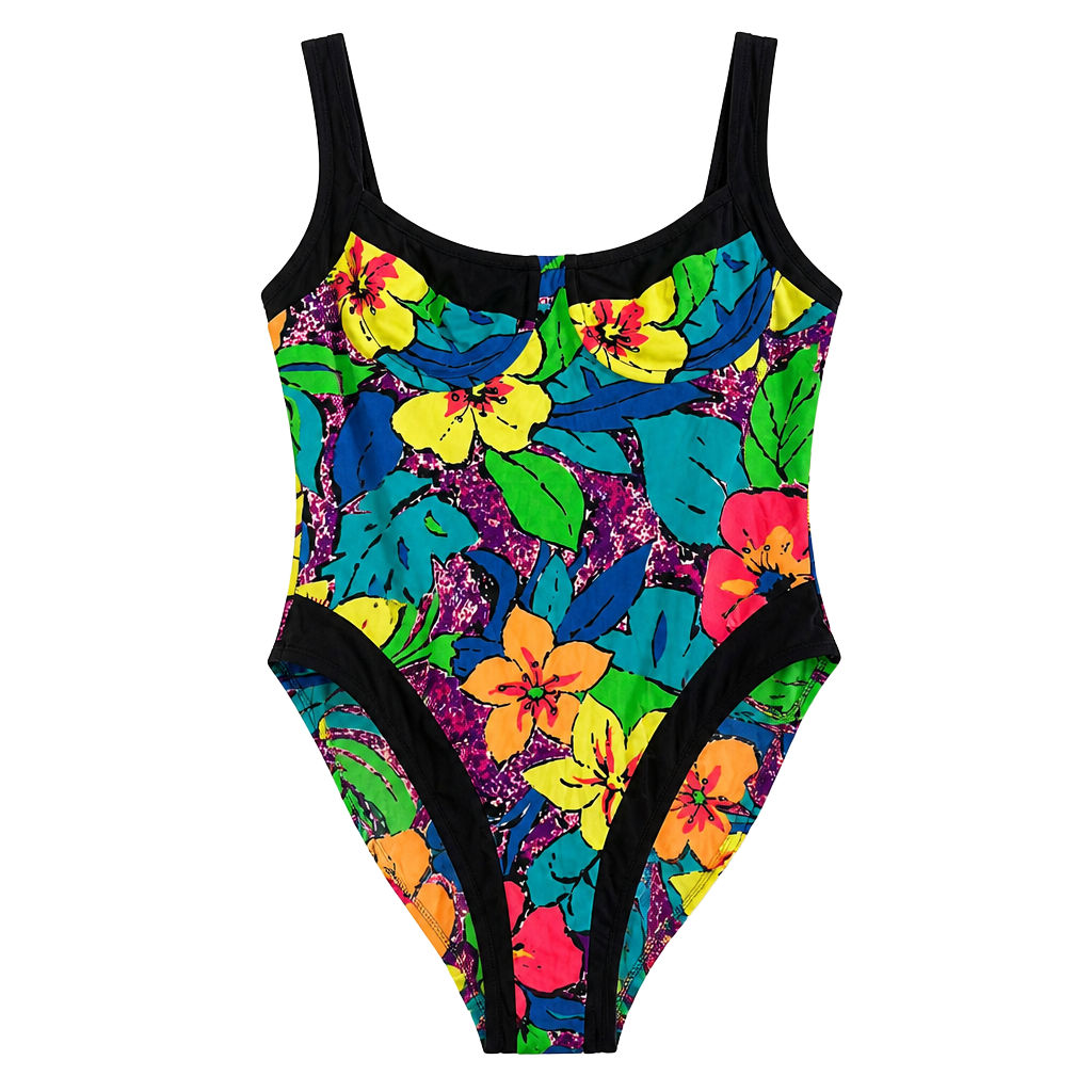 Activa Vintage Floral One-Piece Swimsuit Size 9/10 Neon 80s 1