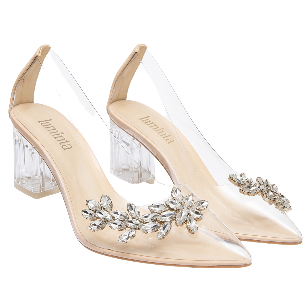 Hand Made Laminta Clear Block Heel Rhinestone Pointed Pumps Size 41 Nude 1