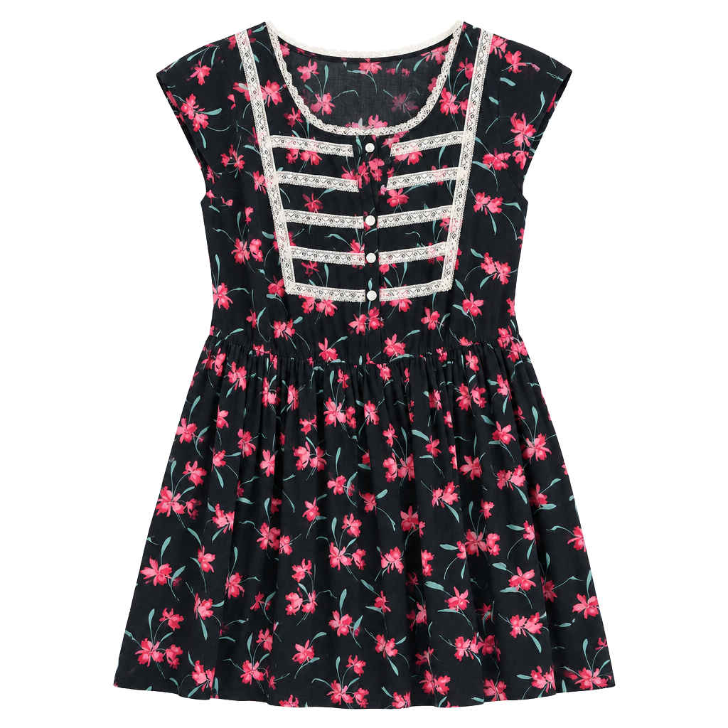 Free People Floral Dress Black Pink Lace Trim Size S 1