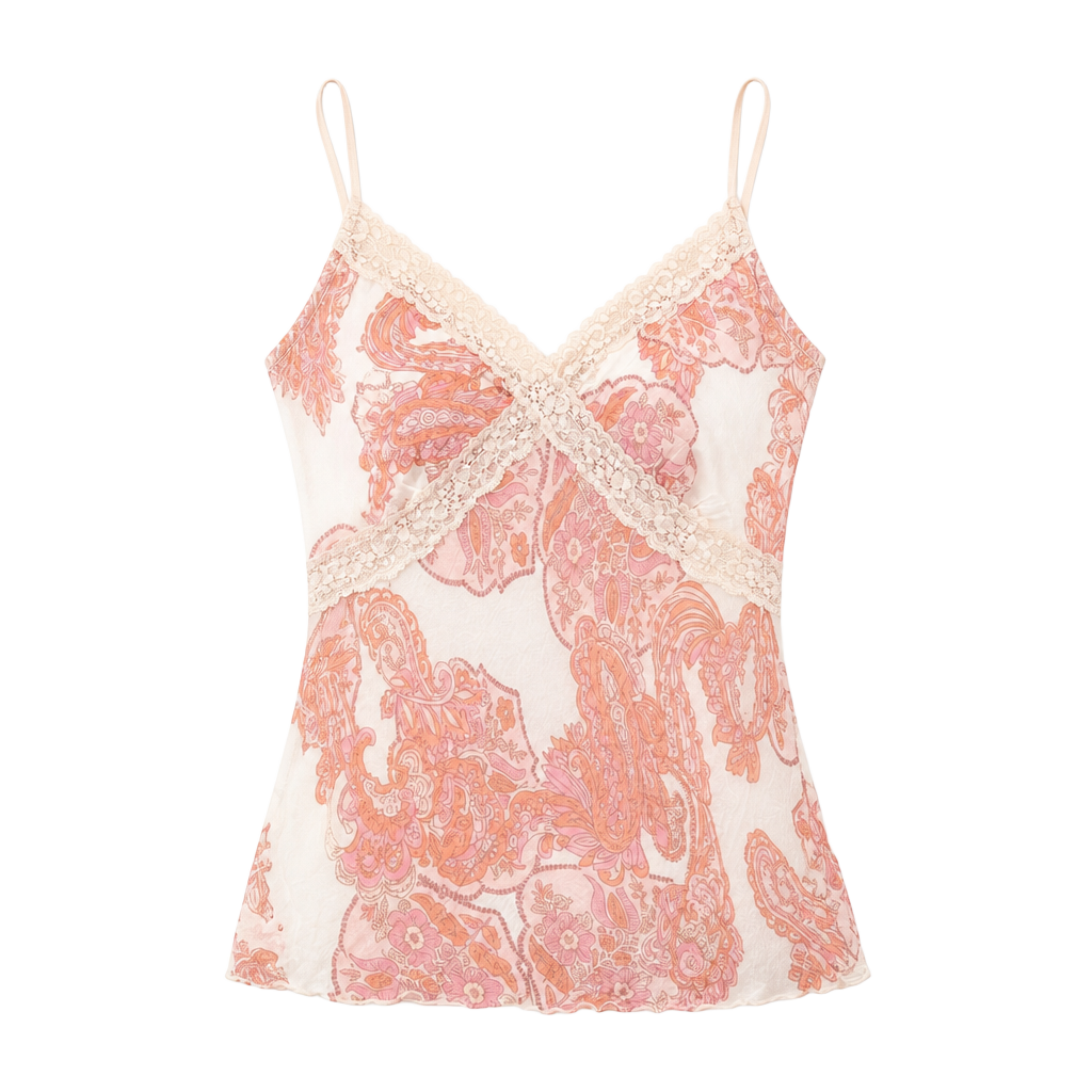 Poetry Clothing Camisole Size L Pink Paisley Lace Trim Cami 1