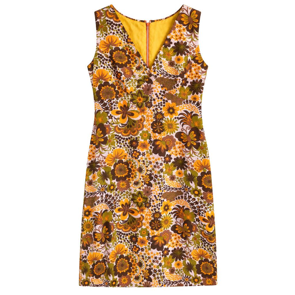 Vintage 1960s Retro Floral Print Sleeveless Dress Orange Brown 1