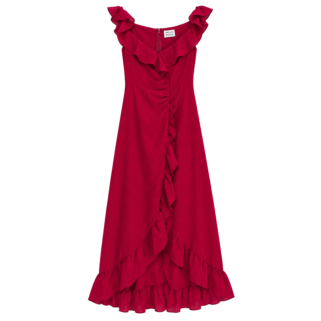 NWT Hello Molly Ruffle Maxi Dress US 6 Red Off Shoulder High Low 1