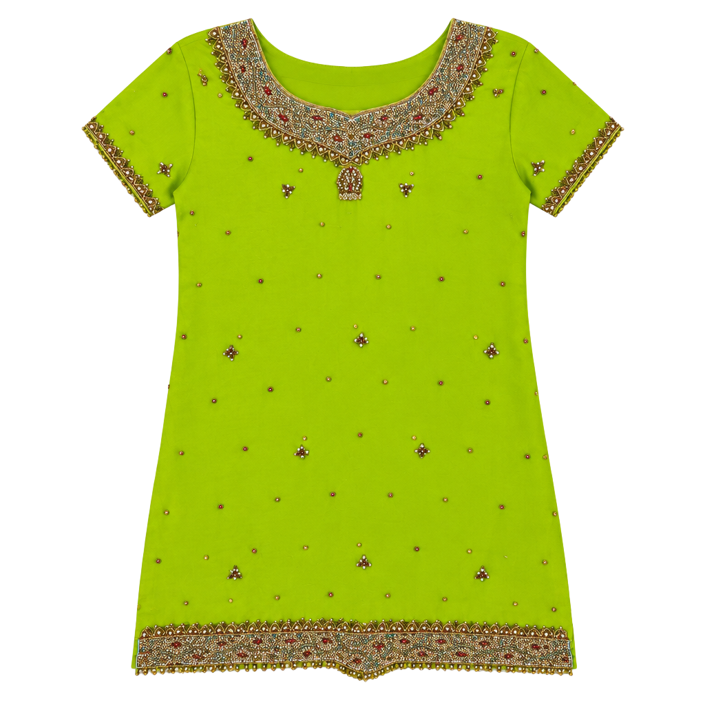 Unbranded Embellished Kurti Tunic Lime Green Beaded Sequin Top 1