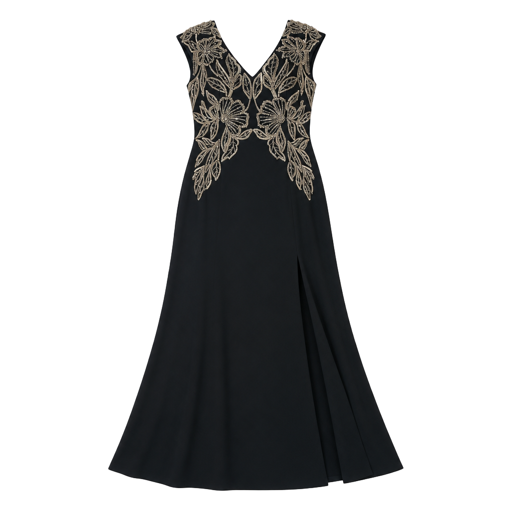 NWT Adrianna Papell Beaded Crepe Long Dress Size 10 Black 1