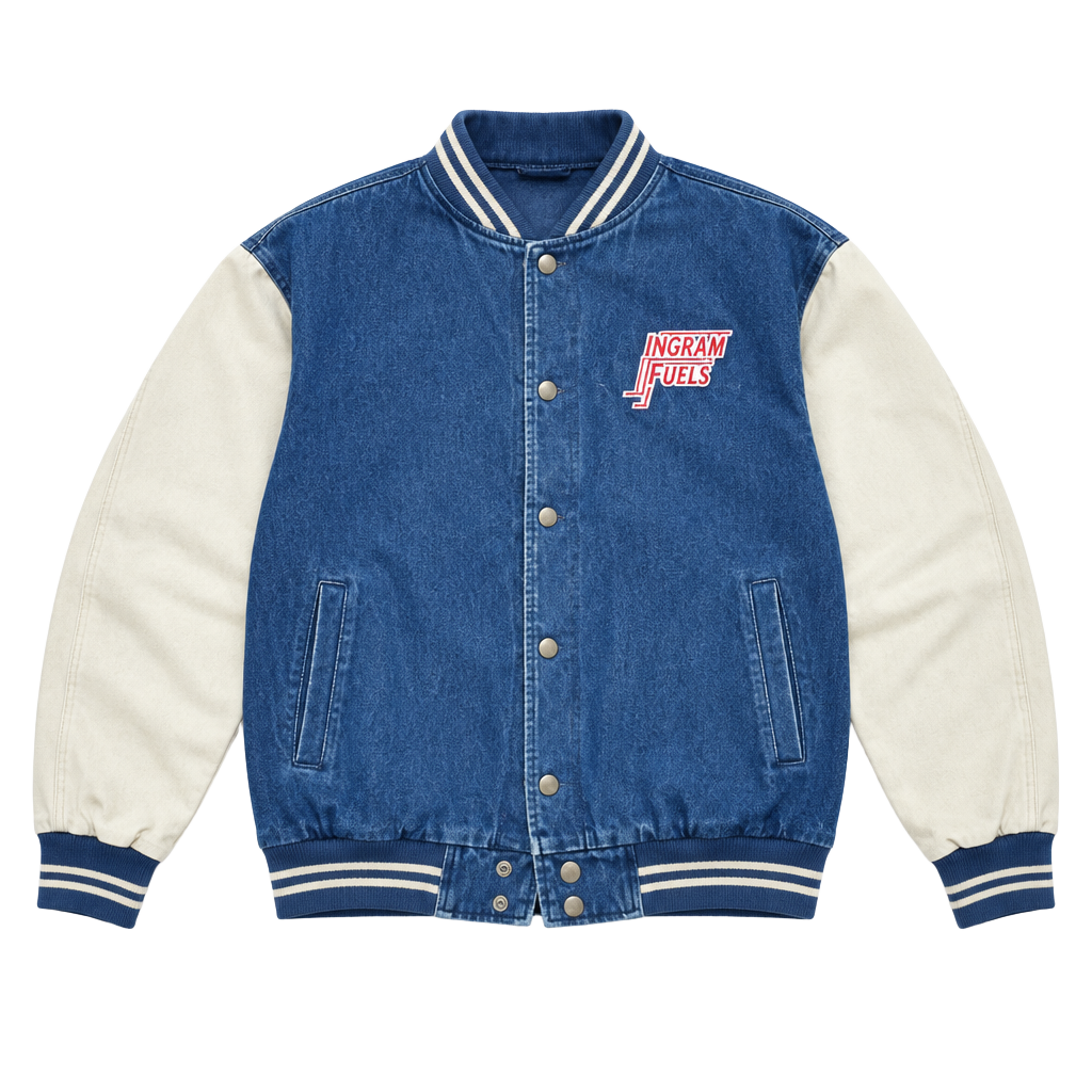 Hit-Wear Varsity Jacket Size L Ingram Fuels Denim Logo Blue Tan 1