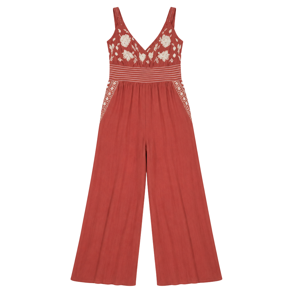 American Eagle Embroidered Smocked Wide Leg Jumpsuit Rust Terracotta Boho Small 1