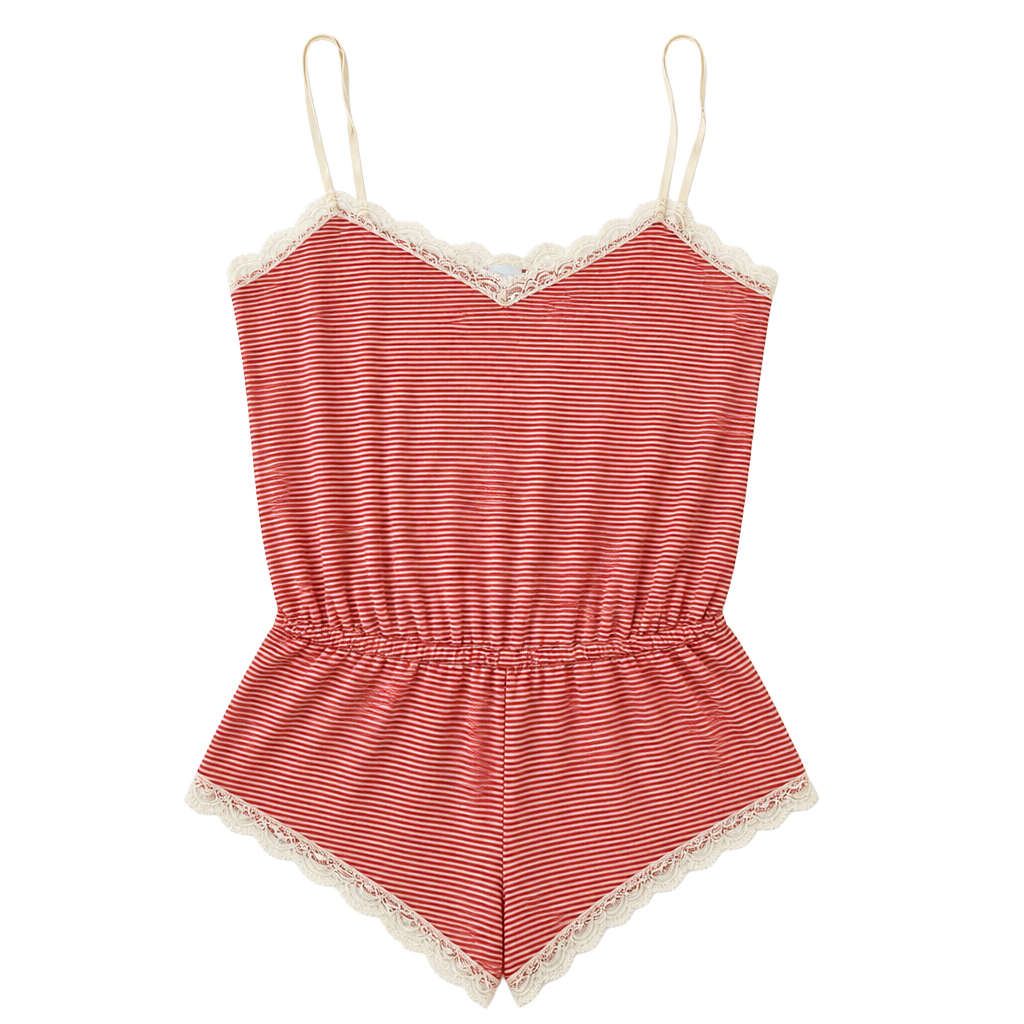 Eberjey Red and White Striped Lace Trim Romper 1