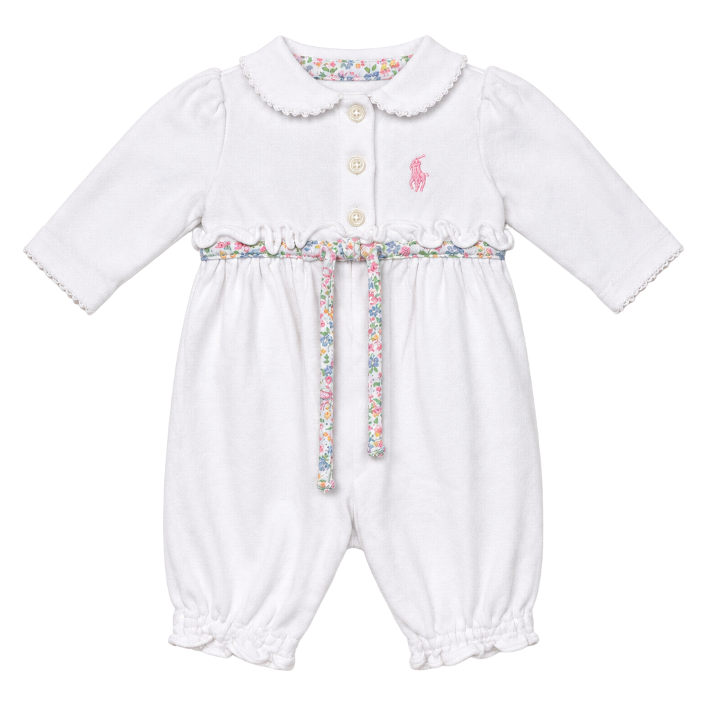 Ralph Lauren Ruffled Cotton Coverall Size Newborn White Floral Trim 1