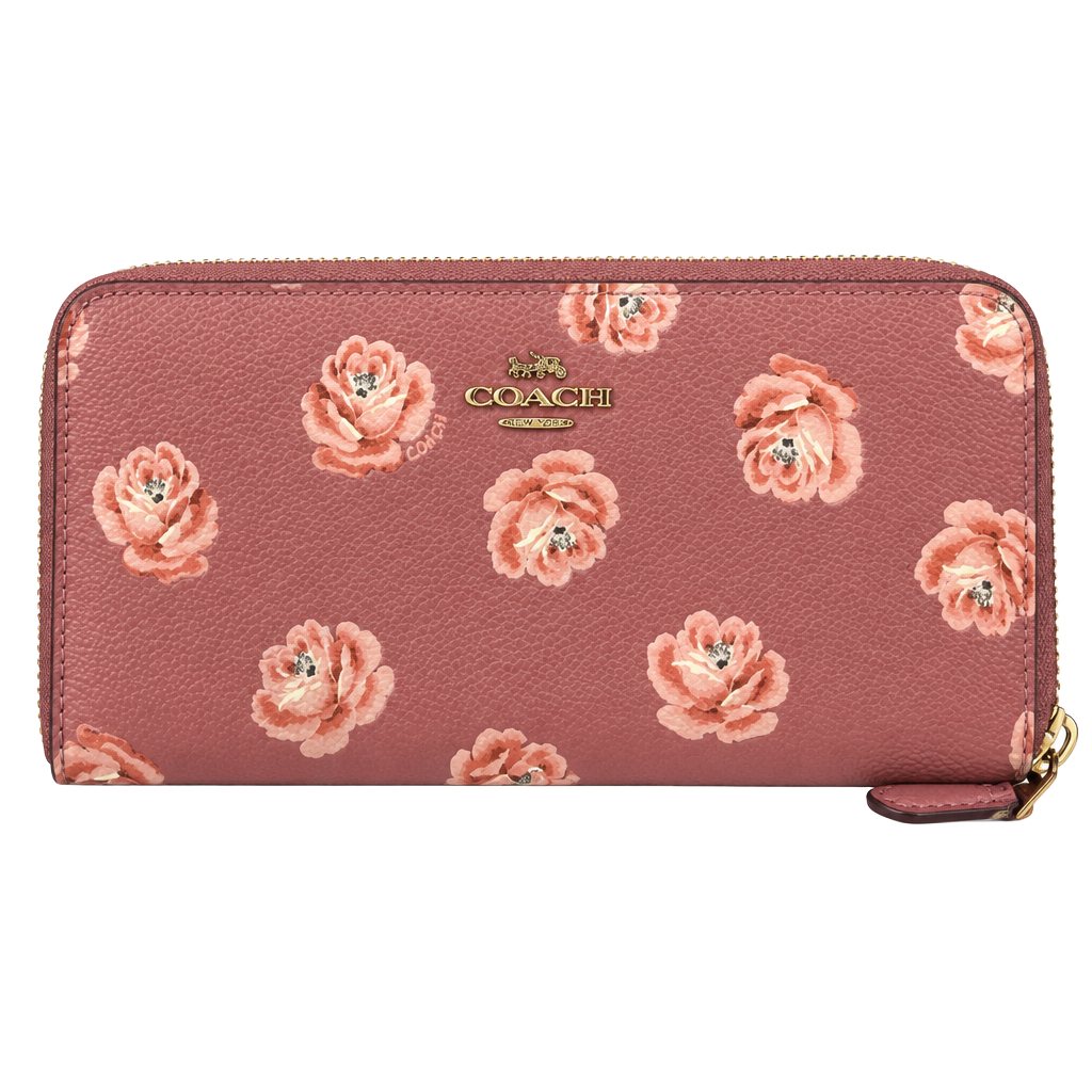 Coach Accordion Zip Around Wallet Rose Floral Print Pink Leather 1