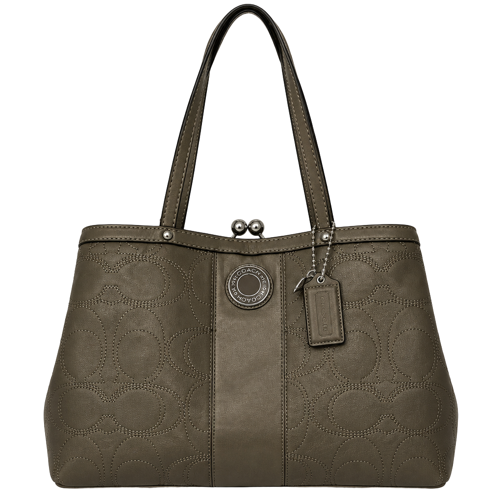 Coach Signature Stitched Kisslock Tote Bag Pewter Metallic 1