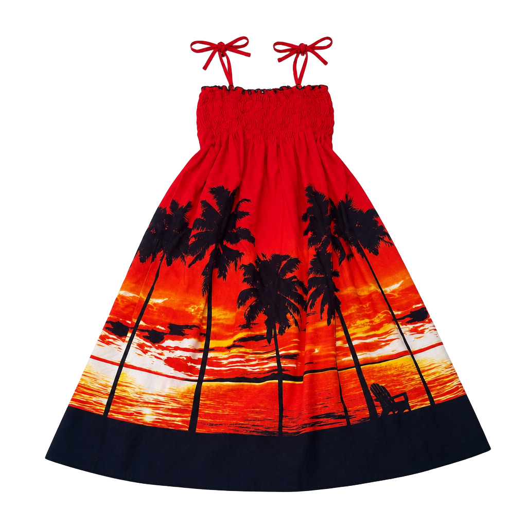 Vintage Tropical Sunset Palm Tree Print Smocked Sundress 1