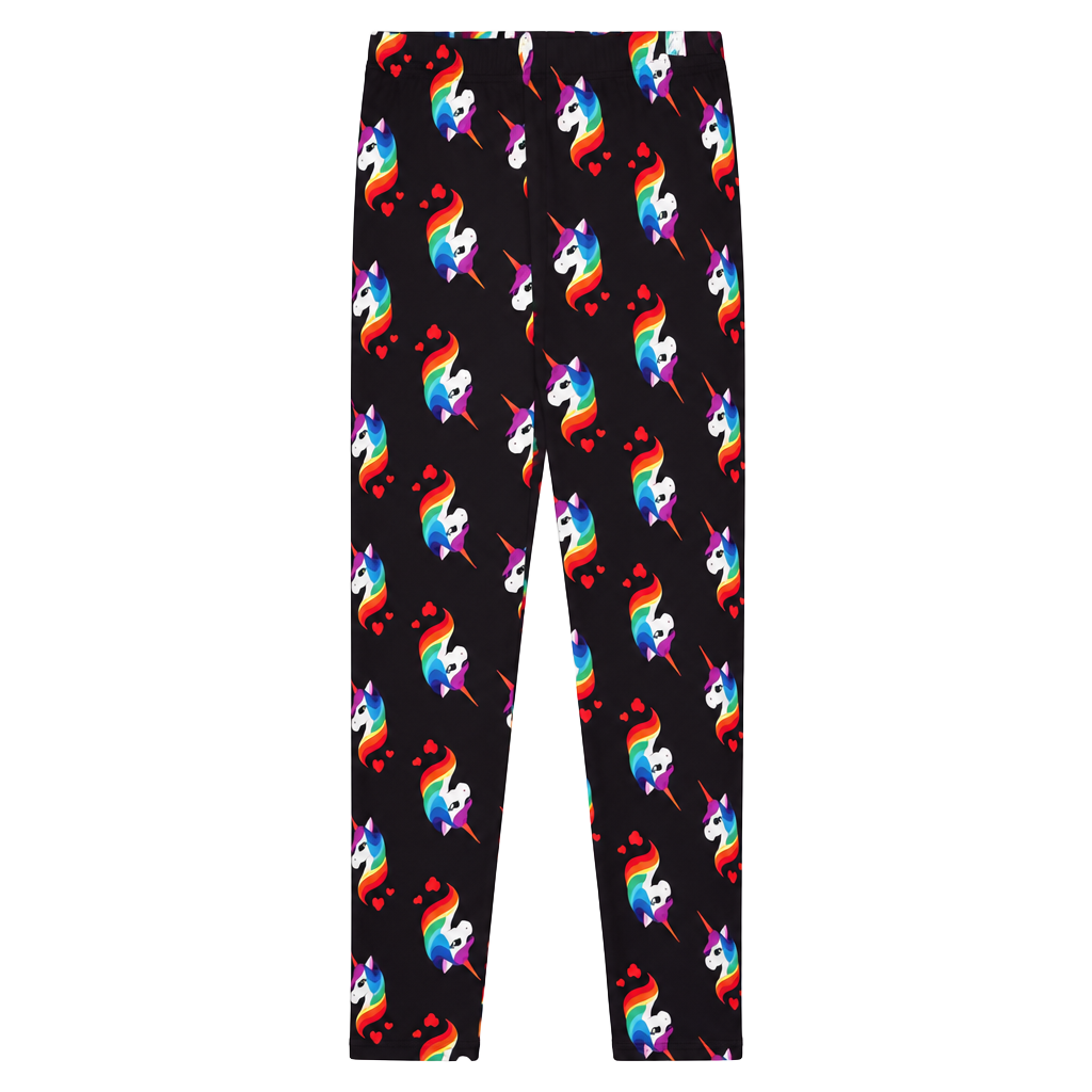Unicorn Print Leggings Size Plus Size Black Rainbow Hearts 1