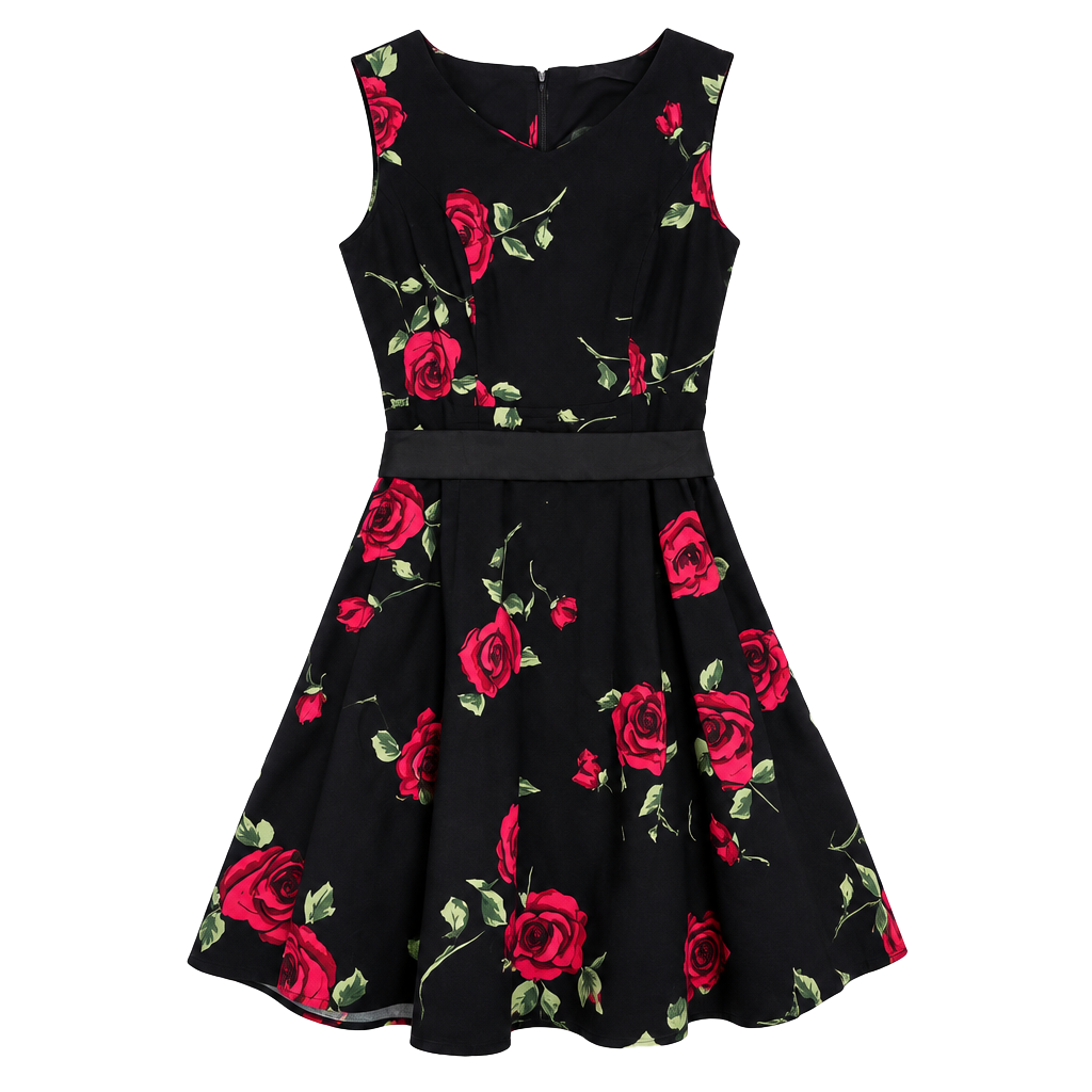 BRIDESMAY Vintage Floral Rose Swing Dress Size M Black Red Retro Rockabilly 1