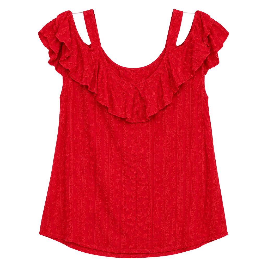 Cable & Gauge Cold Shoulder Blouse Size M Red Ruffle Viscose Spandex 1
