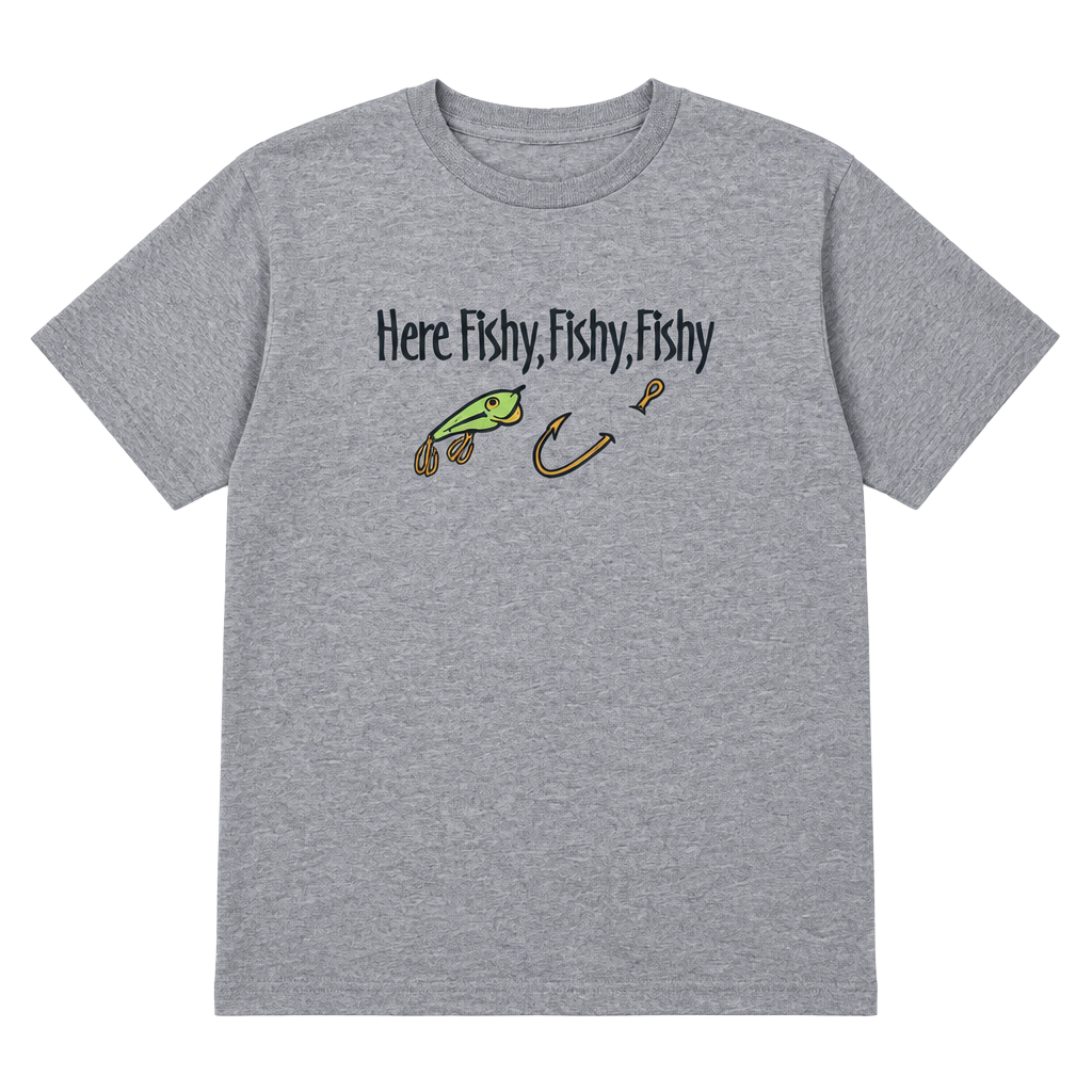 Anvil Here Fishy Fishy Fishy T-Shirt Size M Gray Fishing Graphic 1